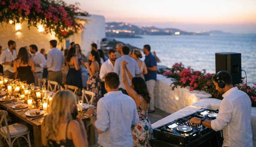 Βραδινή γαμήλια δεξίωση σε λευκή βεράντα στη Μύκονο, τραπέζια με κεριά και η θάλασσα πίσω