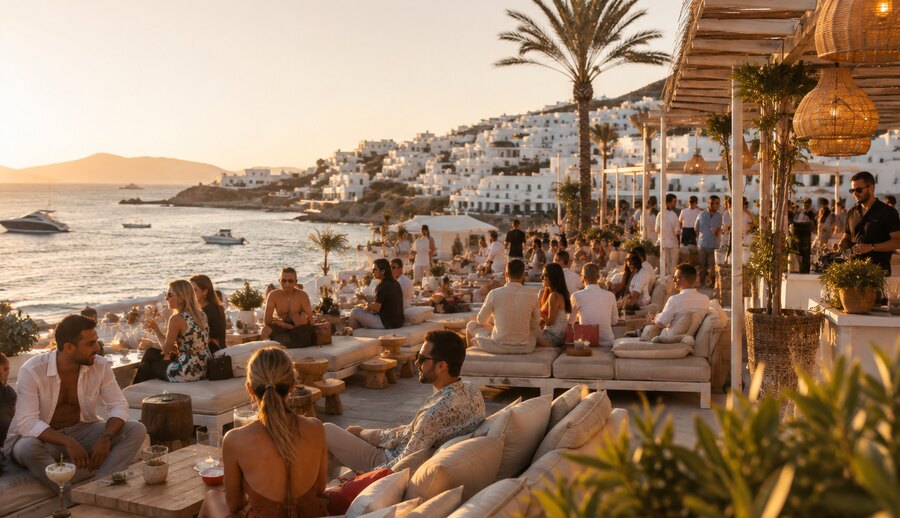 Καλεσμένοι σε lounge με φοίνικες και θέα τη θάλασσα, Μύκονος