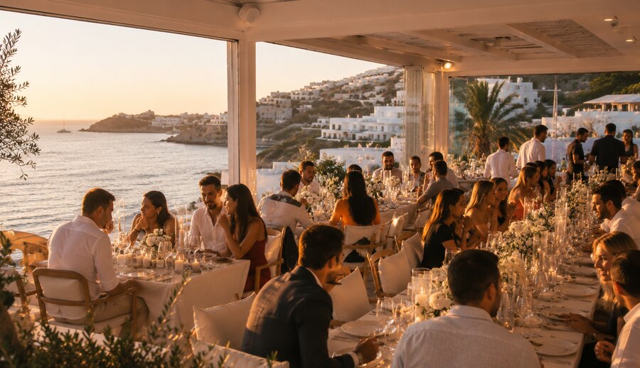 Δείπνο σε υπαίθριο τραπέζι με θέα τη θάλασσα κατά το ηλιοβασίλεμα, Μύκονος